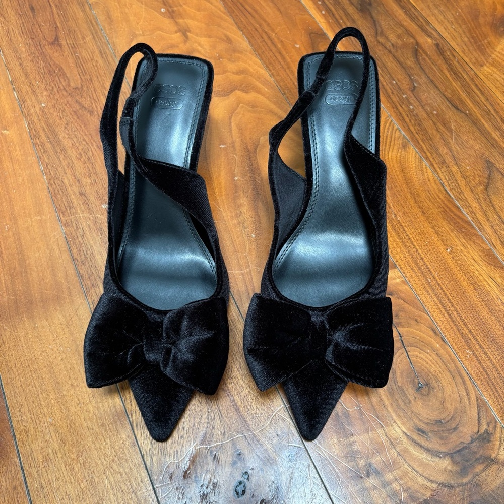 ASOS Black Velvet Pointed Toe Slingback Heels with Bow